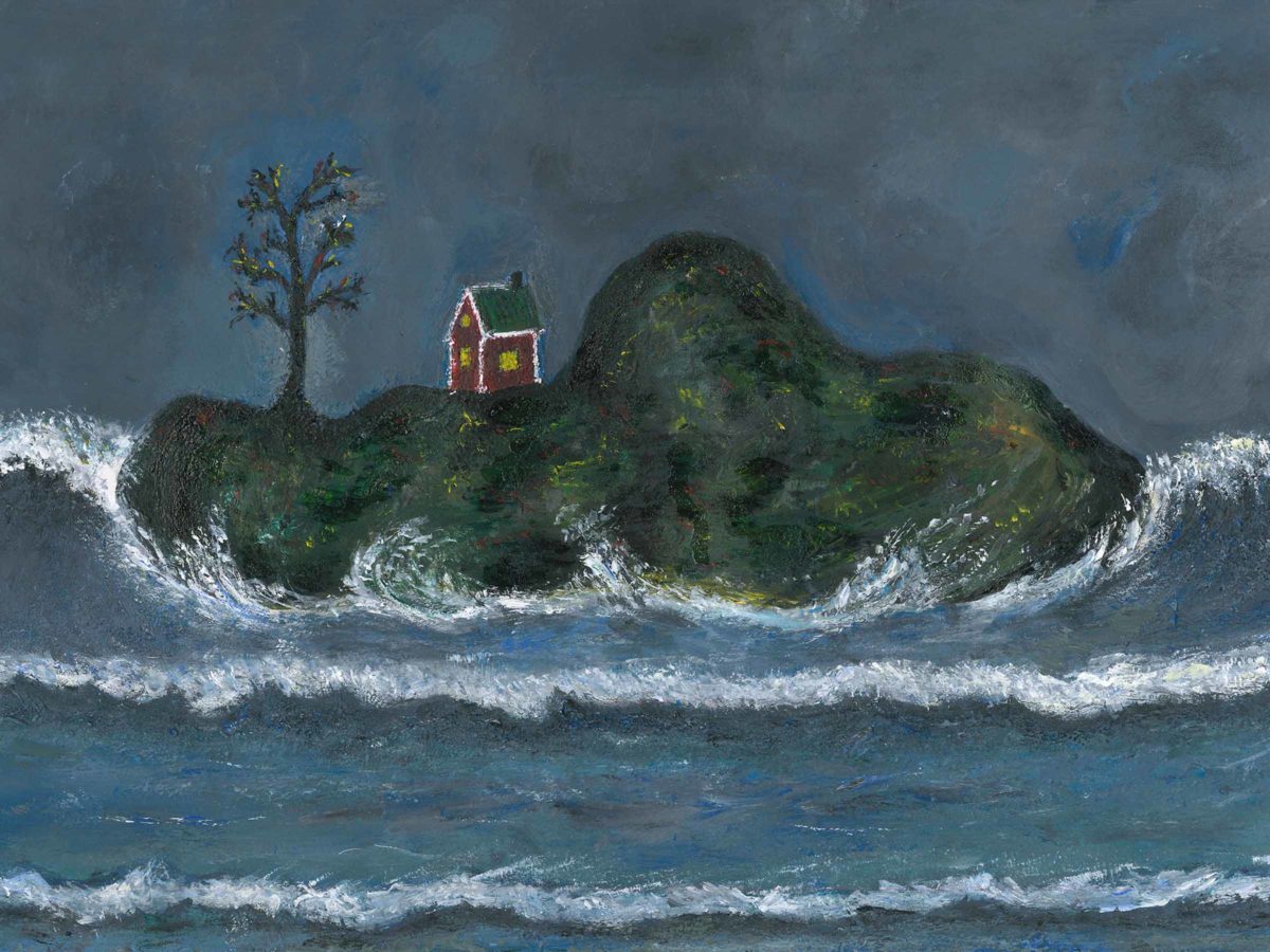 Urkraft Vårutställing 2020 Marta Akrylmålning Konstverk Stormig dag på ön i det röda huset Omslag 1
